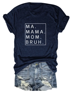 Close-up of Navy Blue T-shirt with Mama Mom Bruh text and ripped denim shorts set