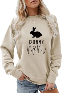 Detail shot of the ribbed neckline and Bunny Mom print on this khaki cotton sweatshirt