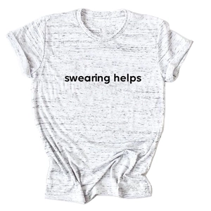 Detailed close-up of the heathered grey cotton fabric with black swearing helps text