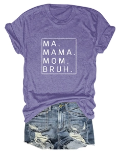 Detail of purple cotton T-shirt with MA MAMA MOM BRUH print and distressed denim shorts