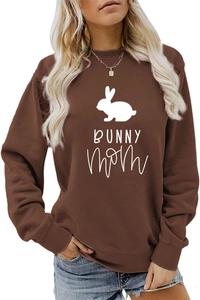 Detail of Bunny Mom lettering and white rabbit silhouette on a brown crewneck sweatshirt