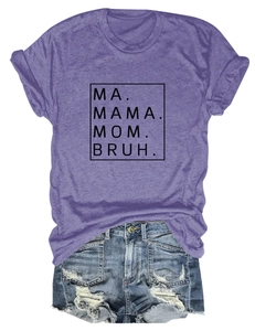 Detail of purple cotton T-shirt with Mama Mom Bruh text and distressed blue denim shorts