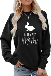 Detail of Bunny Mom print and rabbit silhouette on black crewneck long sleeve sweatshirt