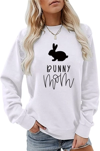 Close-up of the Bunny Mom graphic print on a white round neck long sleeve sweatshirt