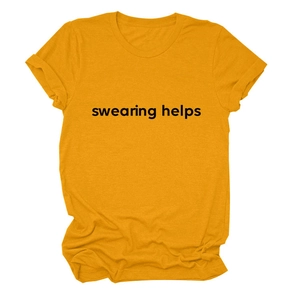 Detail of swearing helps slogan print on yellow cotton crew neck short sleeve t-shirt