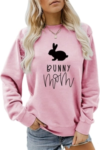 Detail of pink crewneck sweatshirt featuring black bunny silhouette and BUNNY mom text
