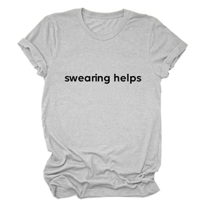 Close-up of Swearing Helps text on grey cotton crew neck t-shirt with rolled sleeves