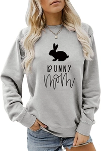 Detail of the Bunny Mom print and ribbed cuffs on this casual grey crewneck sweatshirt