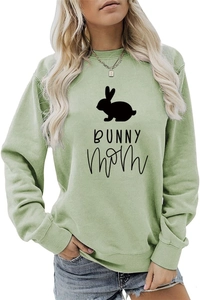 Detail of sage green Bunny Mom sweatshirt with rabbit silhouette and ribbed cuffs