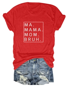 Flat lay of red cotton t-shirt with 'MA MAMA MOM BRUH' print and ripped denim shorts