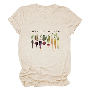 Beige cotton t-shirt featuring 'Let's root for each other' vegetable graphic design