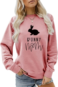 Detailed view of pink long sleeve sweatshirt with black Bunny Mom print and ribbed cuffs