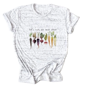 Close-up of Let's Root For Each Other vegetable print on a heather white cotton t-shirt