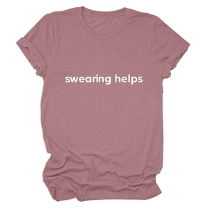 Close-up of the swearing helps white text print on a mauve crew neck cotton t-shirt