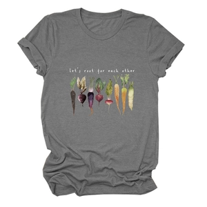 Detail of grey cotton T-shirt featuring watercolor vegetable print and Let's root phrase