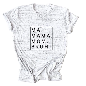 Detail of MA MAMA MOM BRUH typography print on a heather grey short sleeve t-shirt