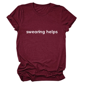 Close-up of maroon cotton t-shirt featuring rolled cuffs and white swearing helps text