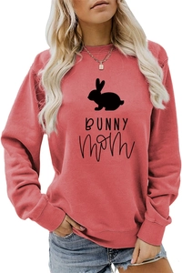 Detail of bunny silhouette and Bunny Mom print on pink crewneck sweatshirt