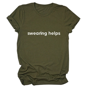 Close-up of olive green t-shirt with swearing helps slogan and rolled sleeve detail