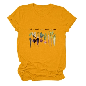 Detail of Let's Root For Each Other graphic print on ginger yellow cotton t-shirt
