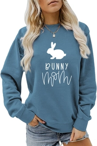 Detail of bunny silhouette and BUNNY mom text print on blue long sleeve sweatshirt