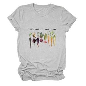 Detail view of Let's root for each other slogan and vegetable print on grey t-shirt