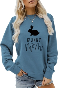 Detail of bunny mom print on misty blue crewneck sweatshirt with ribbed cuffs