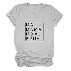 Detail of grey cotton t-shirt featuring MA. MAMA. MOM. BRUH. text print on fabric