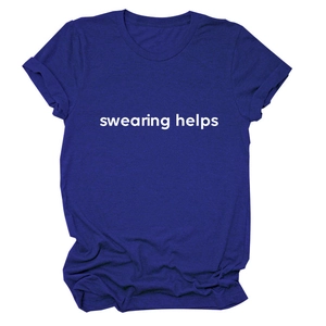 Detail of rolled cuffs and white swearing helps slogan on royal blue cotton t-shirt
