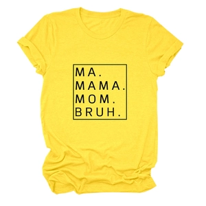Detail of the soft yellow cotton t-shirt with black MA MAMA MOM BRUH text print