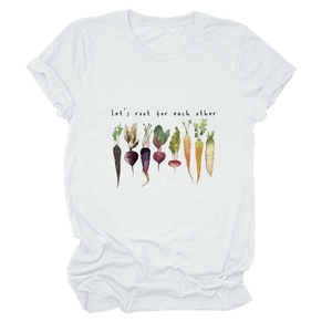 Close-up of Let's Root For Each Other vegetable print on white cotton T-shirt