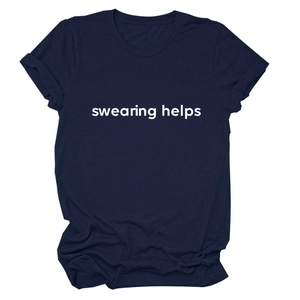 Detail of navy blue cotton t-shirt featuring white swearing helps slogan print