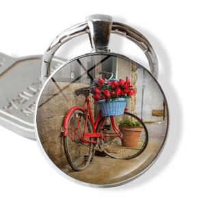 Vintage red bicycle with flower basket glass cabochon keyring pendant accessory