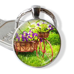Vintage Bicycle Flower Basket Time Gem Keychain Round Zinc Alloy Glass Pendant Retro Pastoral Floral Key Ring Gift Jewelry