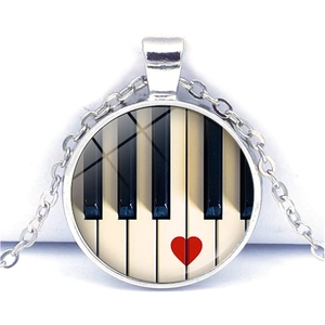 Music Theme Piano Key Pendant Necklace Silver Alloy Glass Cabochon Heart Note Artistic Jewelry For Musical Gift Daily Wear