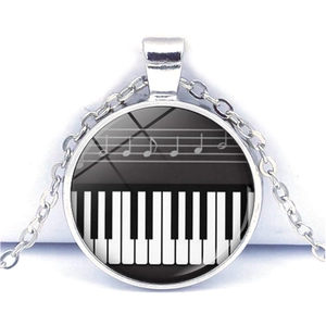 Silver piano key heart necklace with musical notes and glass pendant for musicians