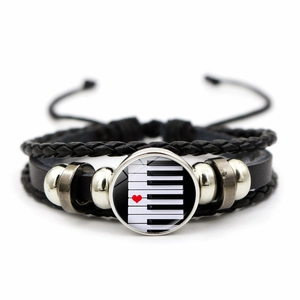 Braided leather music bracelet with piano keys heart glass charm and silver beads
