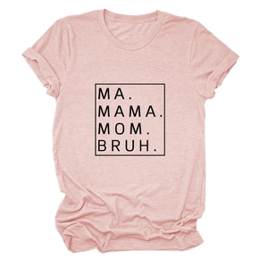 Detail of pink cotton T-shirt featuring MA MAMA MOM BRUH letter print and heather texture