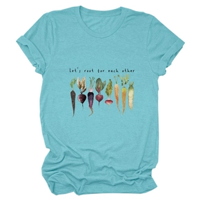 Detail view of cotton t-shirt featuring vegetable illustrations and Let's root for each other text