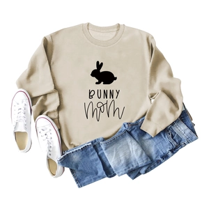 Beige Bunny Mom long sleeve sweatshirt with rabbit silhouette and casual denim jeans