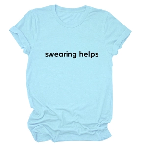 Women's casual loose light blue cotton T-shirt with 'swearing helps' slogan print