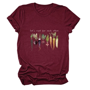 Detail of burgundy crew neck tee with 'Let's root for each other' vegetable graphic
