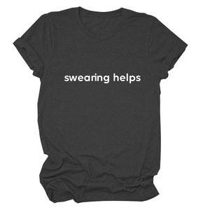 Detail of charcoal grey cotton t-shirt featuring white swearing helps slogan print