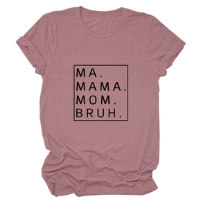 Detail of MA MAMA MOM BRUH letter print on soft dusty rose cotton t-shirt fabric