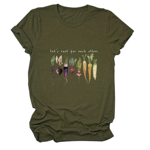 Detail of Let's root for each other text and vegetable graphic on olive green t-shirt