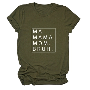 Close-up of military green T-shirt fabric with white MA MAMA MOM BRUH letter printing
