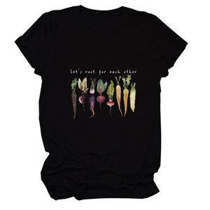 Detail of Let's Root For Each Other slogan and watercolor vegetable print on black t-shirt