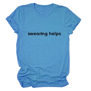 Detail of the sky blue cotton T-shirt featuring bold black swearing helps print