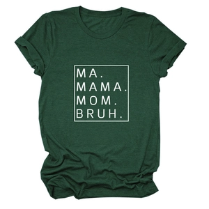 Detail of soft dark green T-shirt fabric featuring funny MA MAMA MOM BRUH white text print