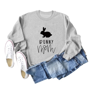 Flat lay of gray long sleeve crewneck sweatshirt featuring a black Bunny Mom graphic print